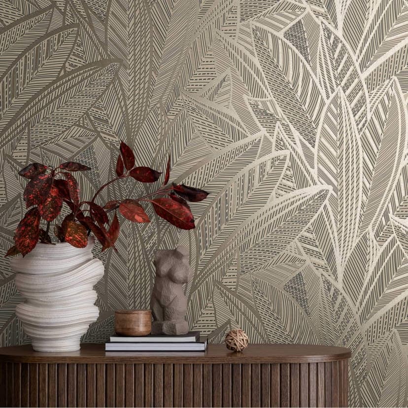Djungel tapet med bladmönster beige brun - exotisk Icke-vävd tapet modern & elegant