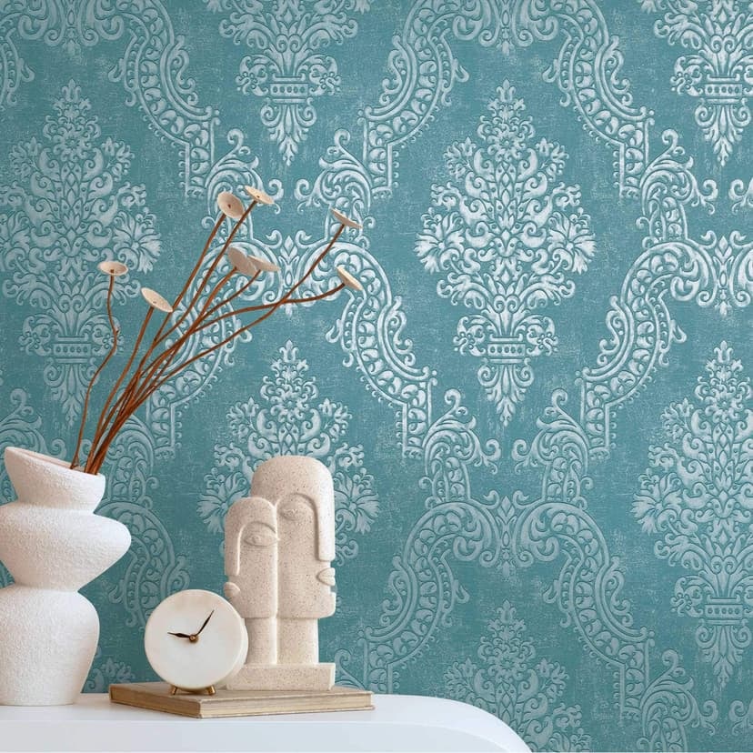 Barock ornamental turkosblå tapet - klassisk Icke-vävd tapet med prägling - mönster tapet