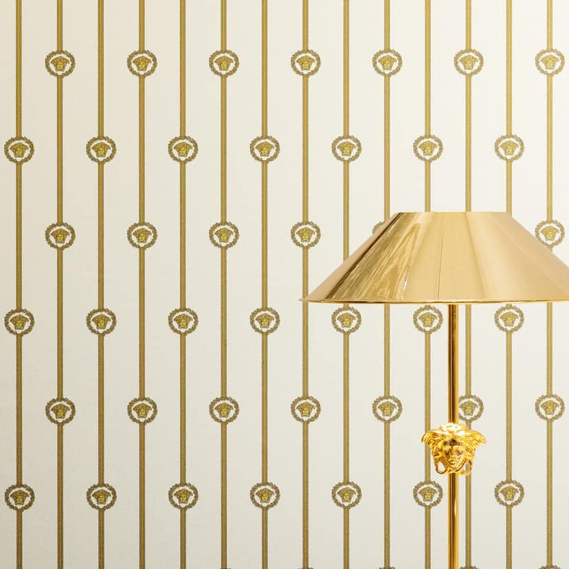 Versace Icke-vävd tapet I Love Baroque ränder Medusa Vitguld lyxig