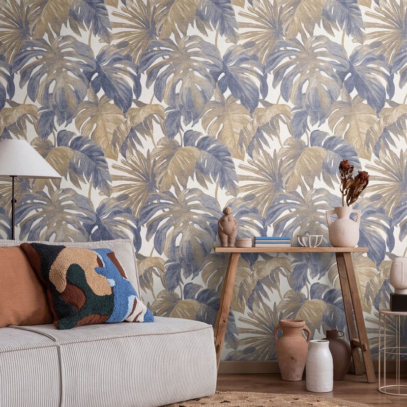 Non-woven tapet tropiska blad i blått beige med monstera ser modern elegant ut