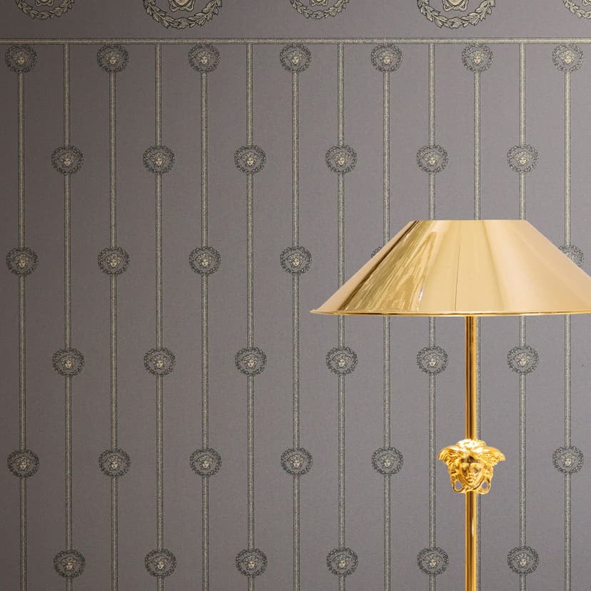 Versace Icke-vävd tapet bas kant medusahuvud grå svart silver metallic
