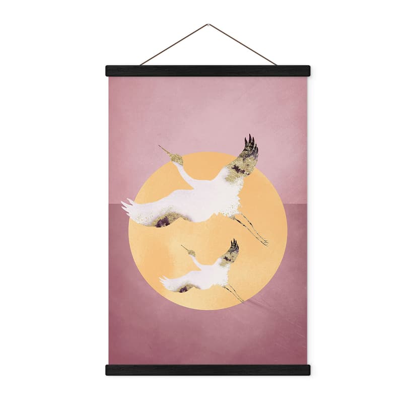 Textil poster Vita och gyllene tranor på en rosa himmel - Aureous