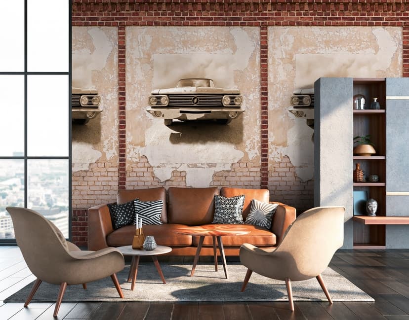 Fototapet för veteranbil brun beige - non-woven Fototapet Modern Livingwalls - matt och slät