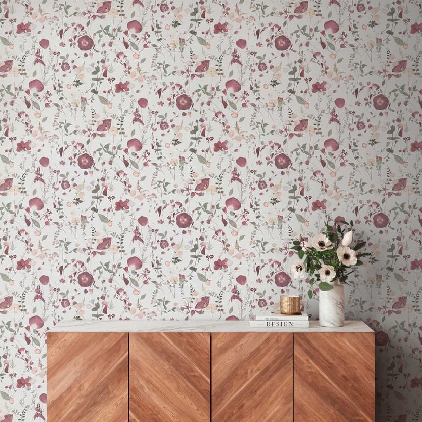 Blommig tapet blommor akvarell - Icke-vävd tapet i lila grön beige - romantisk blommig tapet