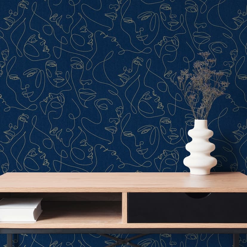 Ansikten tapet mörkblå guld - Icke-vävd tapet linjekonst modern elegant konst