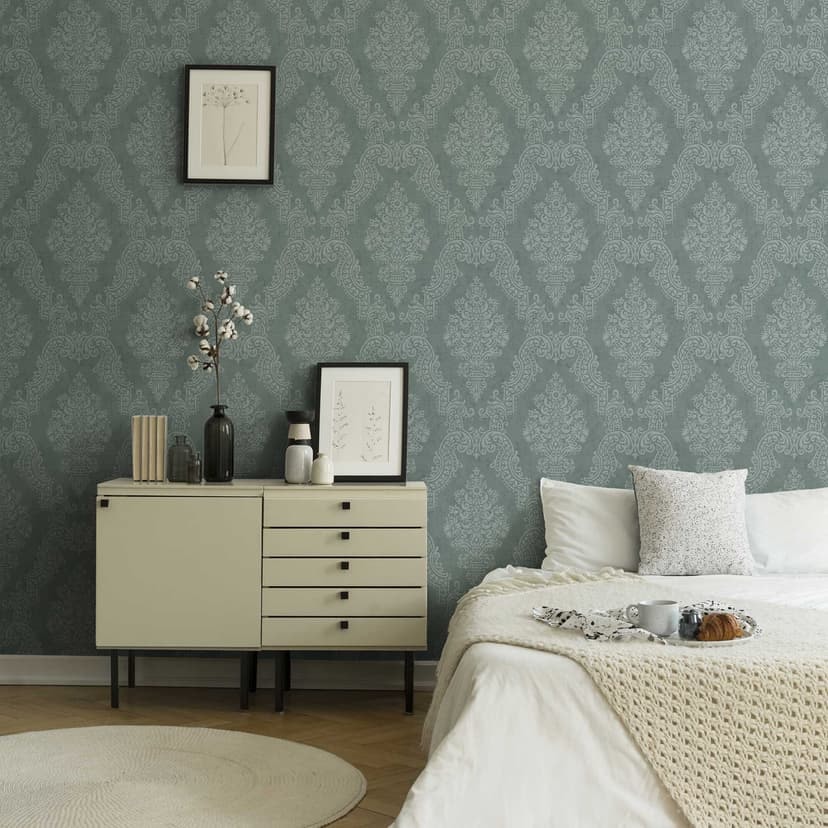 Barock ornamental mint silver tapet - Icke-vävd tapet med prägling - klassisk mönster tapet