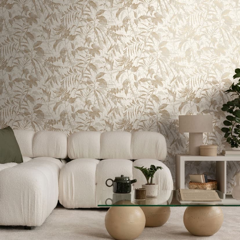 Beige vit växt tapet - bladmotiv natur stil - Icke-vävd tapet med textur