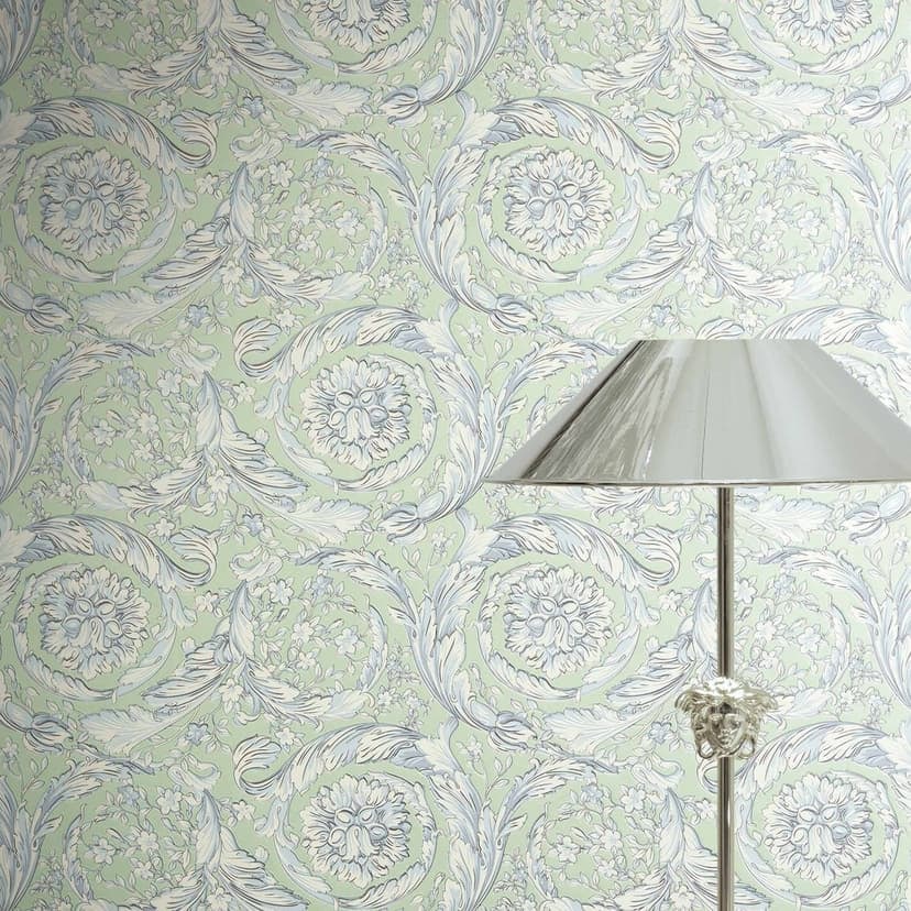 Versace Icke-vävd tapet Barocco Neo klassiska tendrils blommig grön blå vit elegant