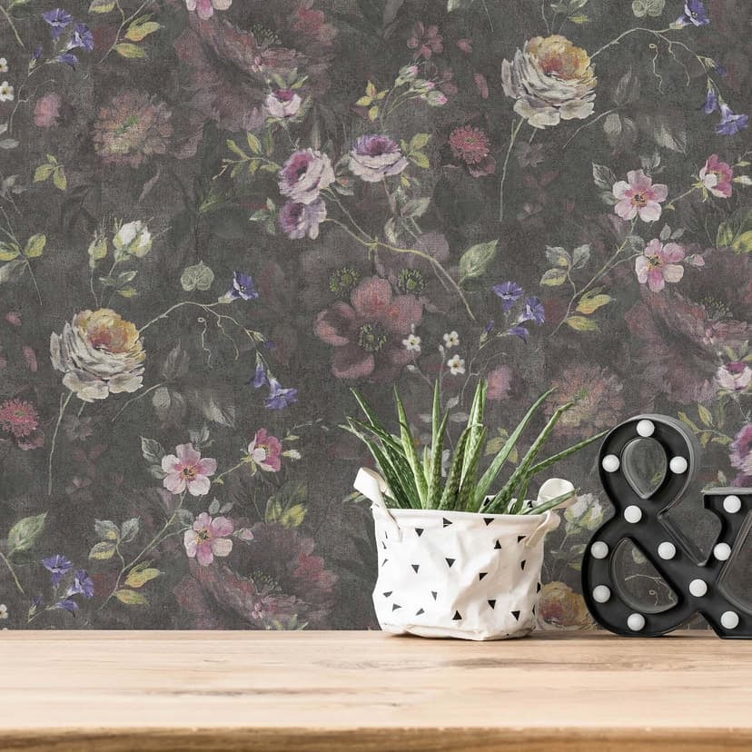Blommig tapet - non-woven tapet Floral av A.S. Création svart rosa grön PVC-fri 386361