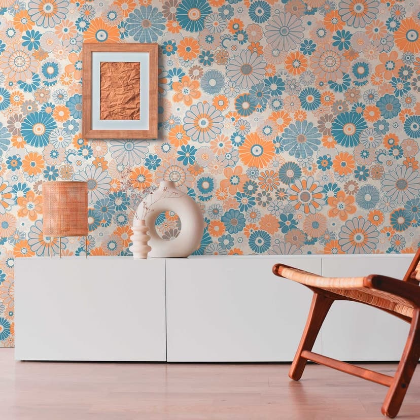 Vintage blommig tapet blå orange - blommig tapet i retrostil - non-woven tapet