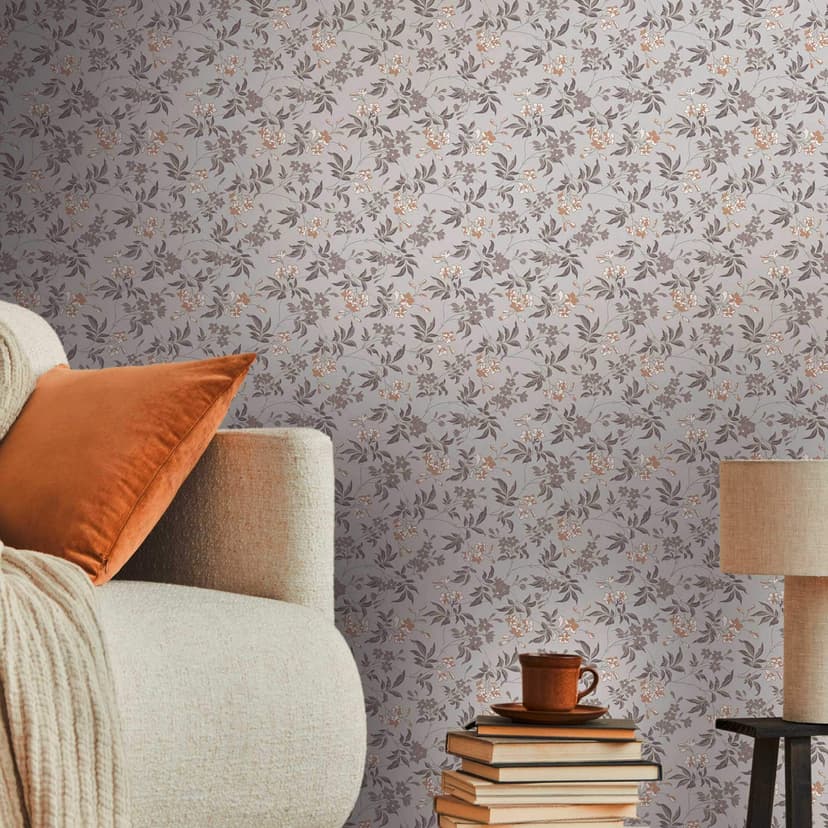 Blommig tapet med blommor gråbrun - tapet med blommönster modern - non-woven tapet blommig