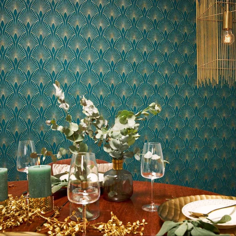 Livingwalls non-woven tapet New Walls 50-tals Glam Art Deco tapet blå, grön, metallisk