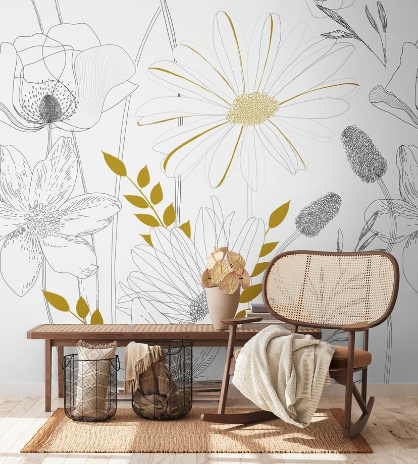 Blommigt vitt svart - Fototapet i non-woven blommor växter Livingwalls - matt och slät