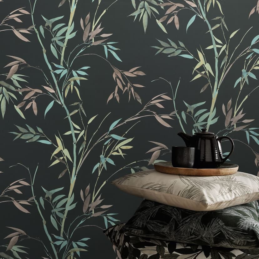 Tapet med vinstockar, bambu tapet, non-woven tapet Erismann Martinique svart