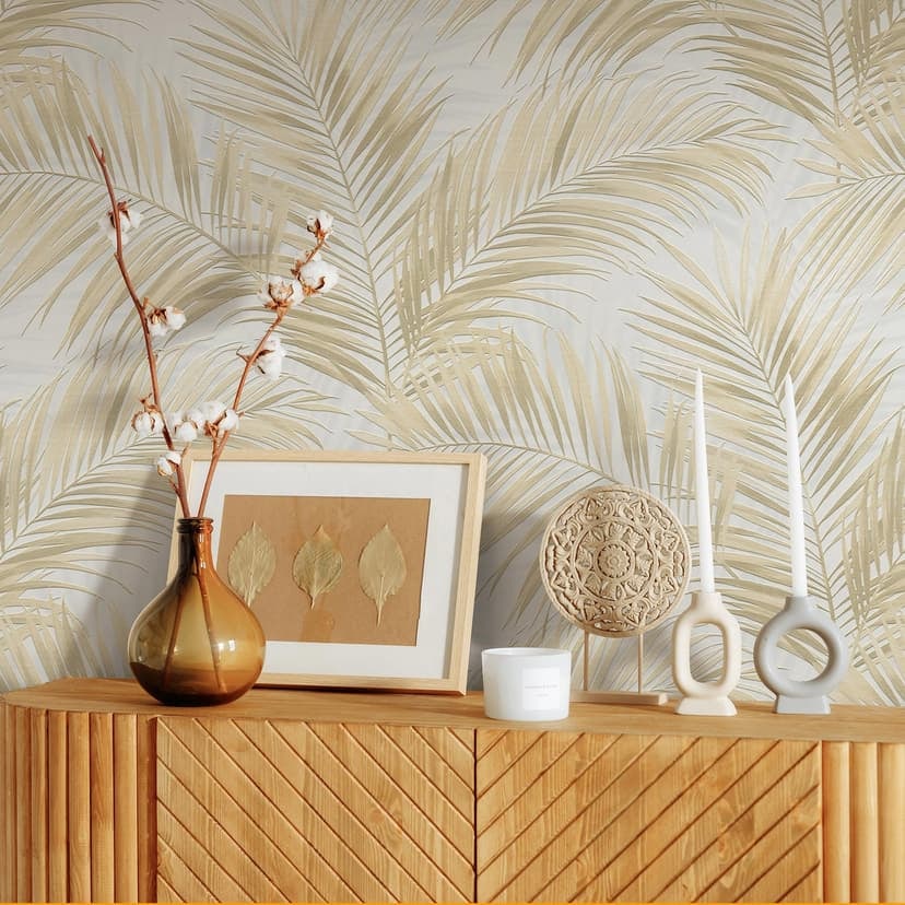 Icke-vävd tapet, tapet med bladmotiv Cameo beige