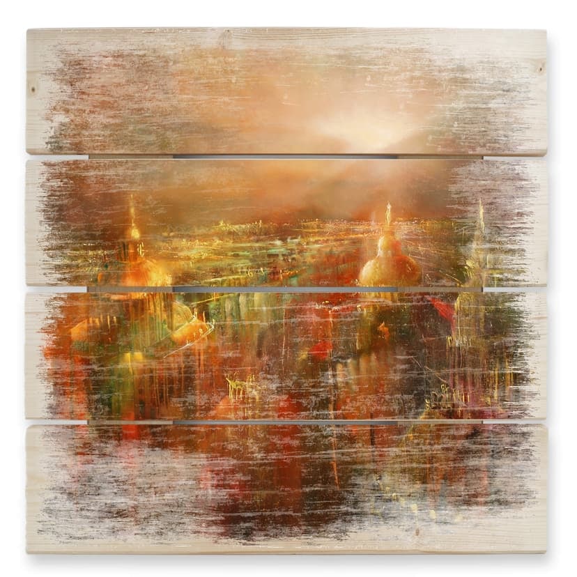 Schmucker Trätavla - Staden vaknar - 40x41,5 cm