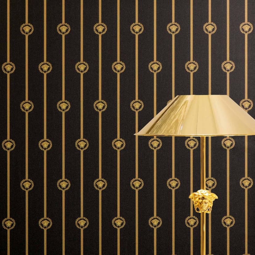 Versace Icke-vävd tapet I Love Baroque ränder Medusa svart guld lyxig