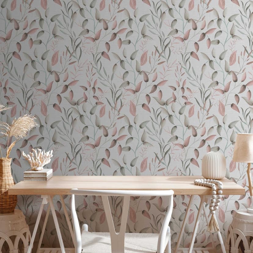 Blommig tapet blad akvarell - Icke-vävd tapet i rosa grön beige - växt tapet