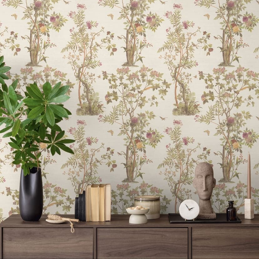 Tapet med blommigt mönster med fjärilar beige grön rosa - Icke-vävd tapet naturmotiv