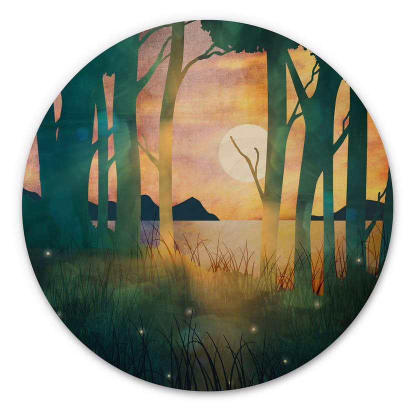Trätavla skog magi vid solnedgång - SpaceFrog Designs - Round