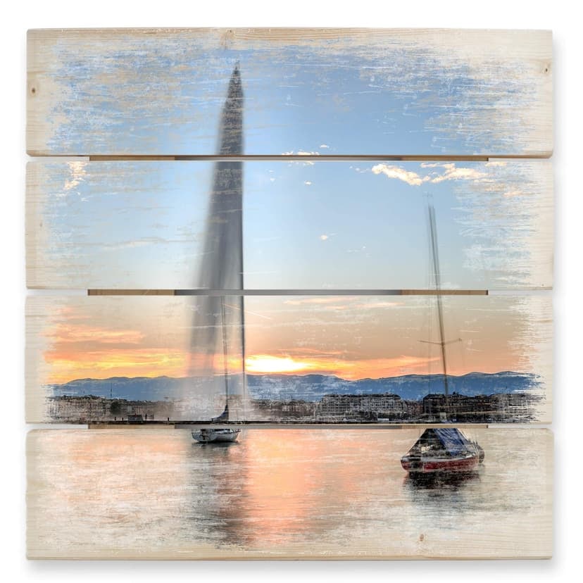 Trätavla vattenfontän i Genèves solnedgång - 40x41,5 cm