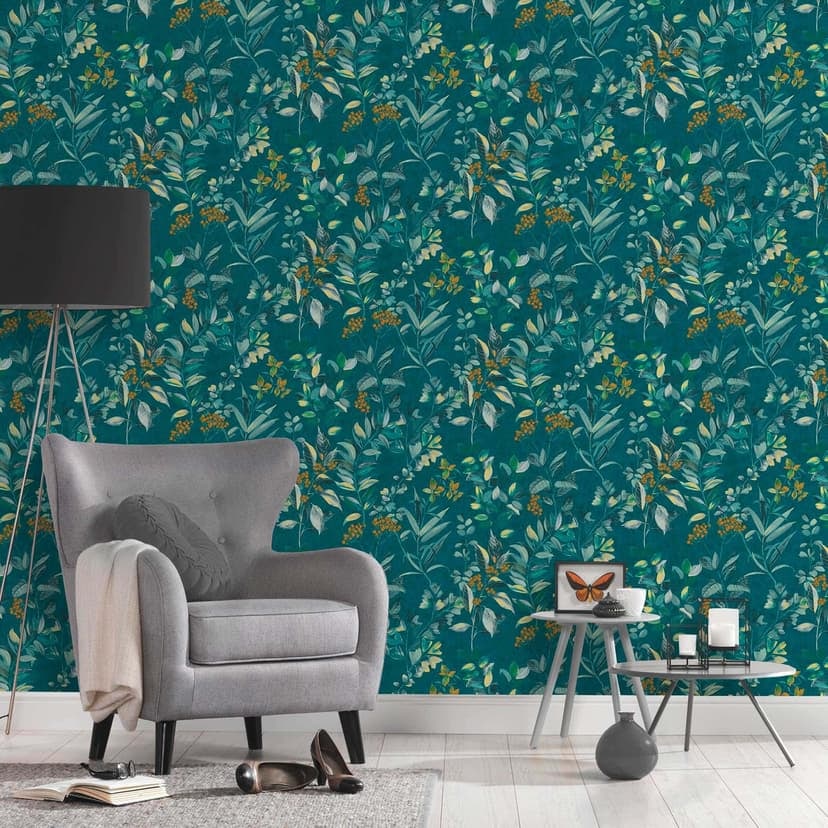 Blommig tapet med blommor blå färgglad - non-woven tapet blommig akvarellstil