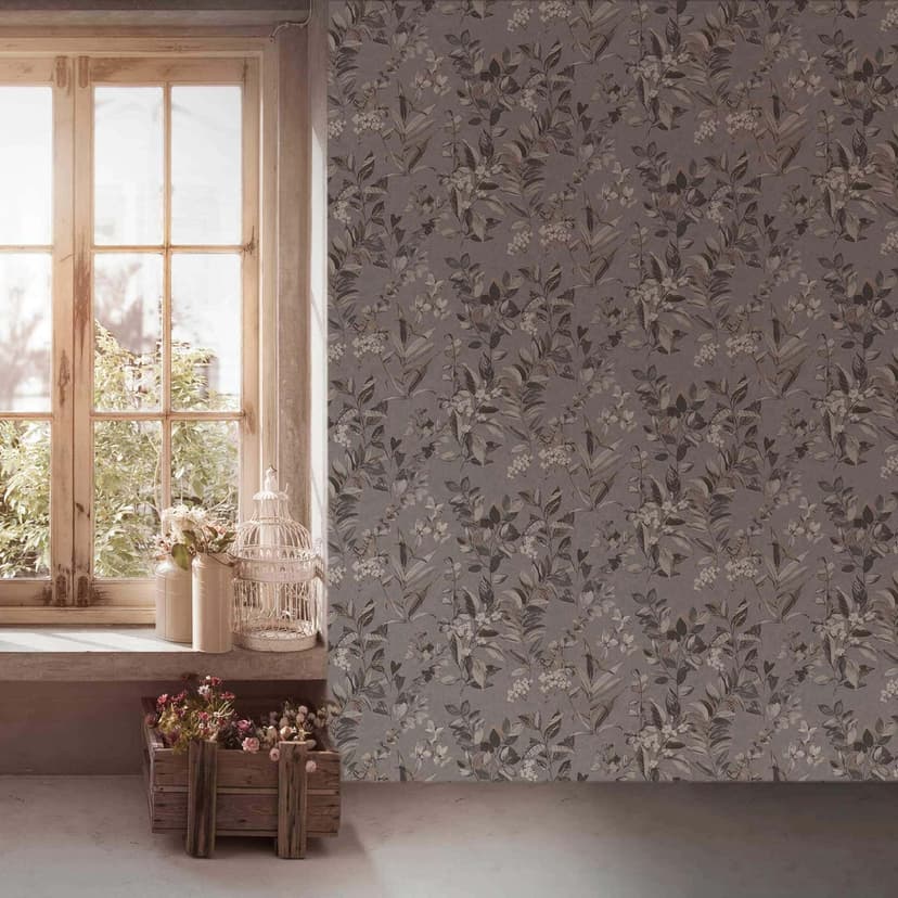 Blommig tapet med blommor gråvit - non-woven tapet blommig akvarellstil