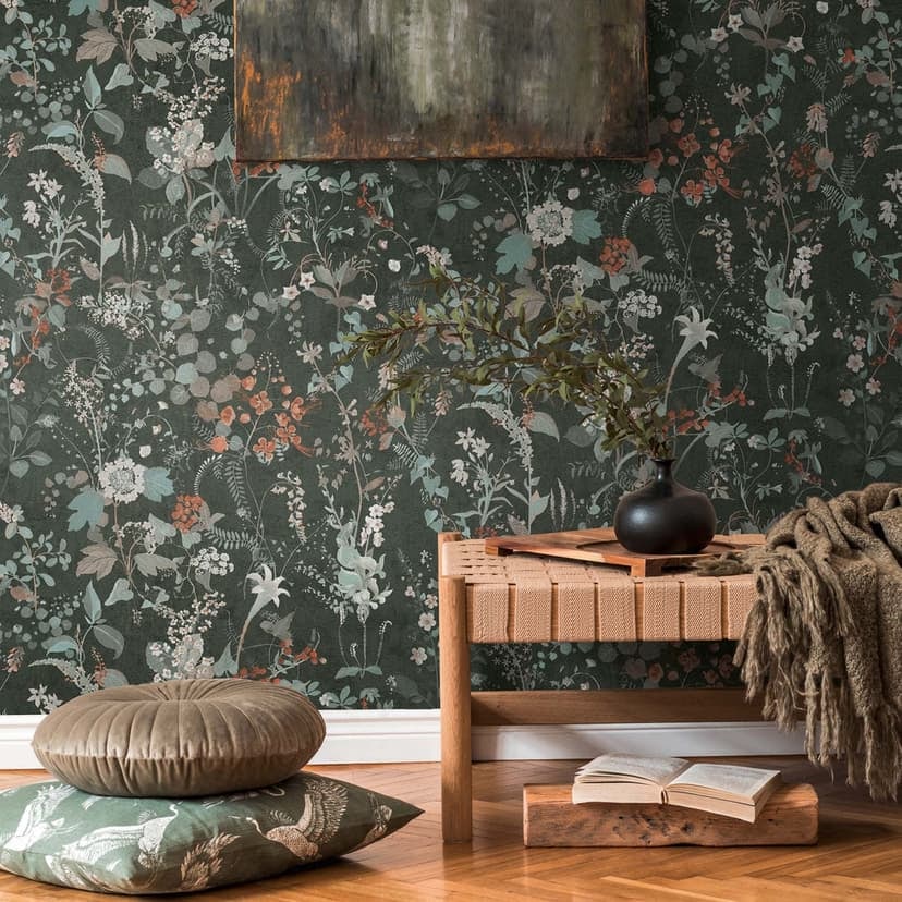 Tapet blommiga blommor svart röd vintage blommig tapet vardagsrum non-woven tapet