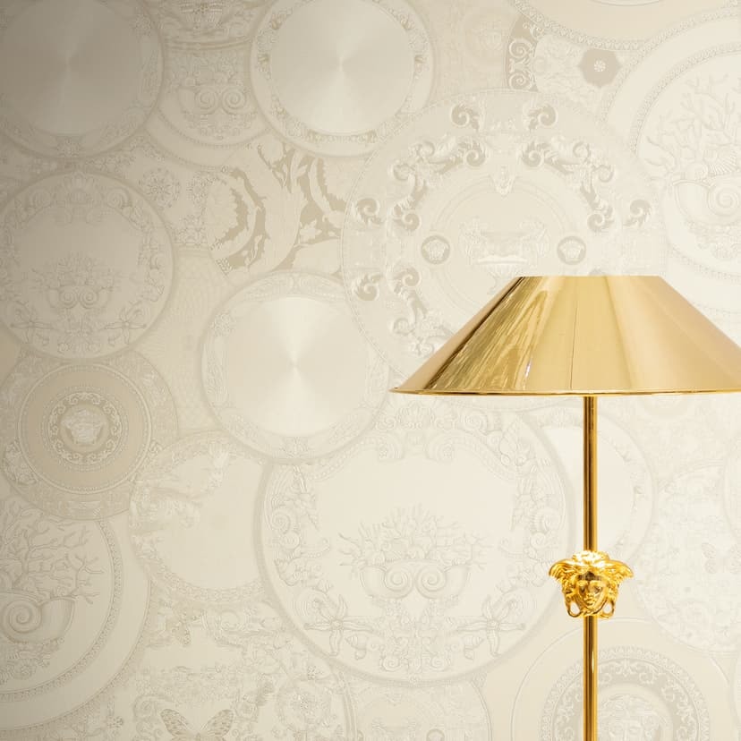 Versace Icke-vävd tapet Art De La Table Circles Floral Meander Medusa Beige Metallic