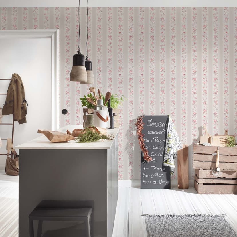 Blommig beige vit - non-woven tapet lantgård A.S. Création - matt och lätt strukturerad