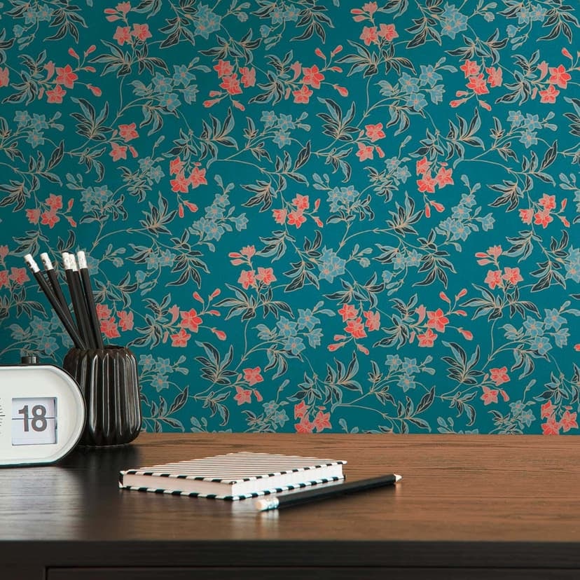 Blommig tapet med blommor rödblå - modern blommig mönster tapet - non-woven tapet blommig