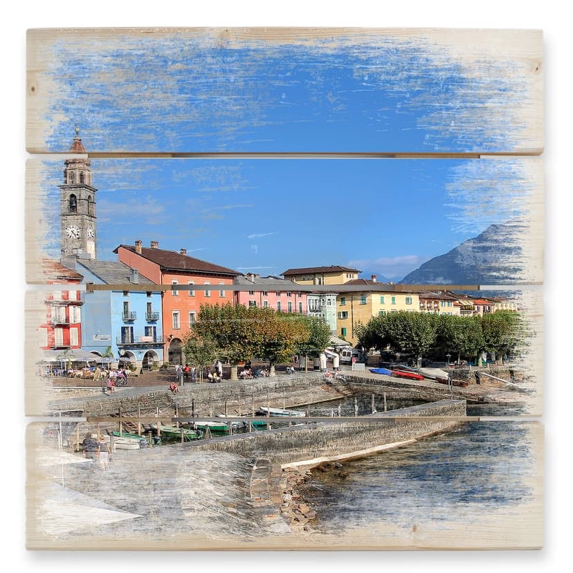 Trätavla hamnpromenad vid Lago Maggiore - 40x41,5 cm