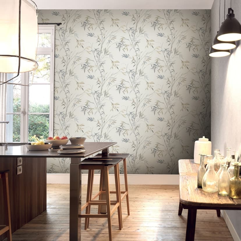 Tapet med vinstockar, bambu tapet, non-woven tapet Erismann Martinique beige