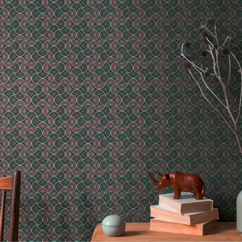 Tapet med våg- och linjemönster rödgrön - grafisk non-woven tapet i retrolook