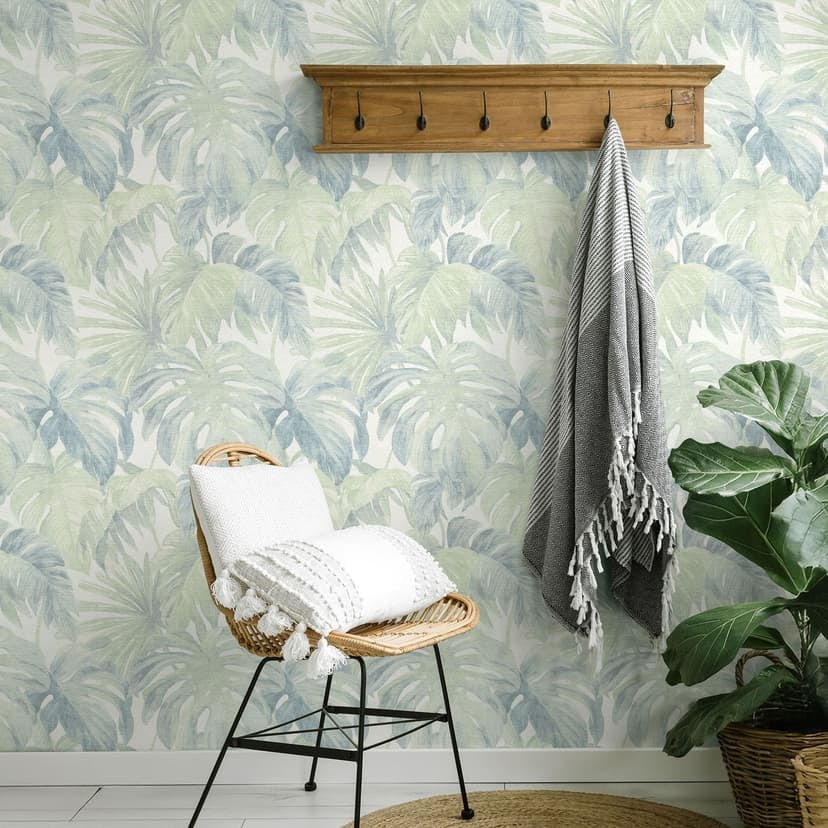 Non-woven tapet blad i grönt blått tropiskt subtilt modernt botaniskt