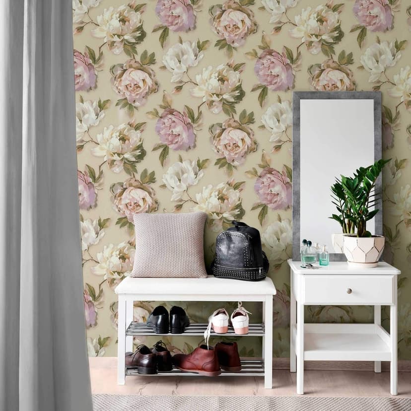 Blommig tapet med pioner beige rosa - romantisk blommig tapet - Icke-vävd tapet