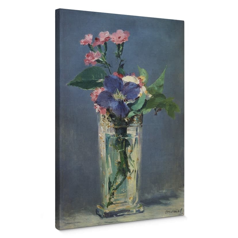 Canvastavla Manet - Glasvas med nejlikor och klematis