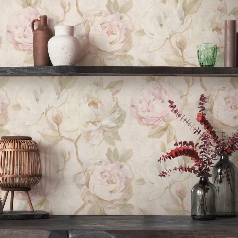 Blommig tapet pioner rosa beige - Icke-vävd tapet i akvarellstil - vintage