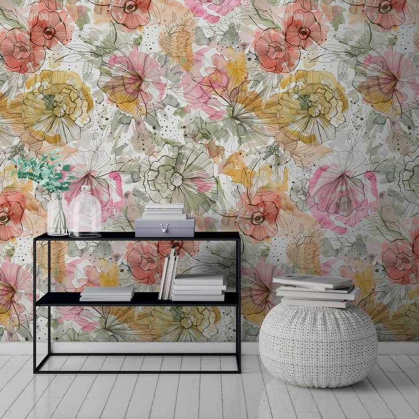 Non-woven tapet med färgstarkt blommönster i akvarell - blommig fototapet - modern