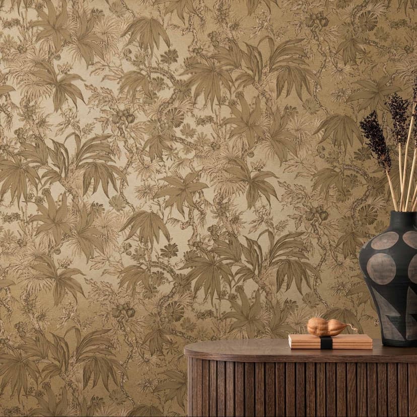 Botanisk tapet brunt guld - blommönster tapet exotisk - Icke-vävd tapet