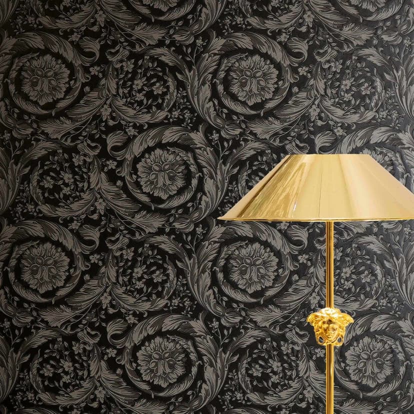 Versace Icke-vävd tapet Barocco Neo klassiska blommiga tendrils grå svart elegant
