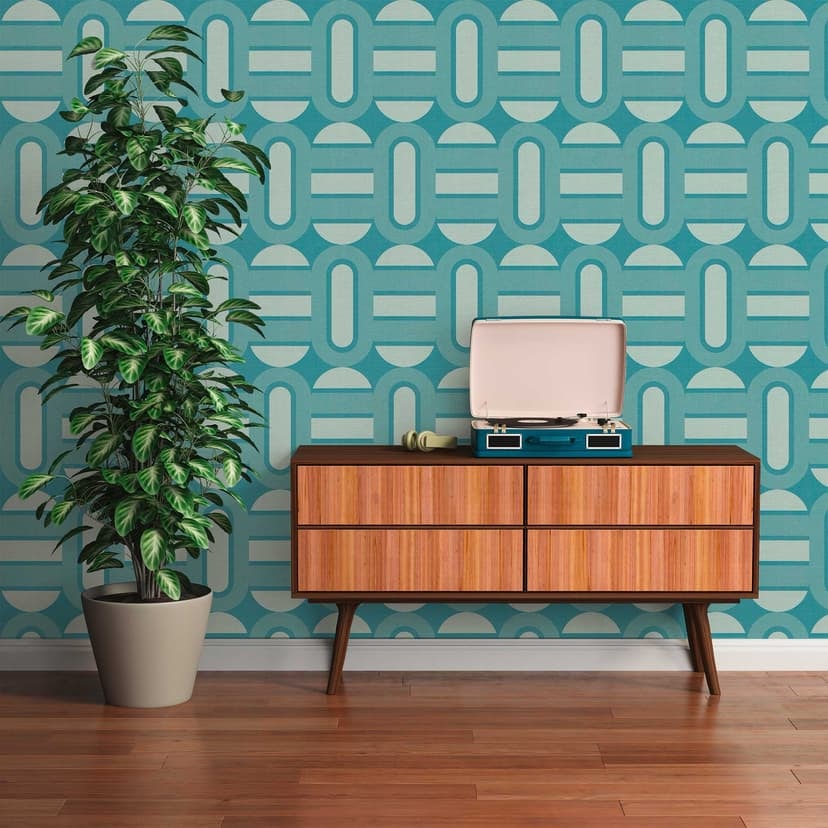 Vintage grafisk tapet blå turkos - non-woven tapet i retrolook - mönstrad tapet