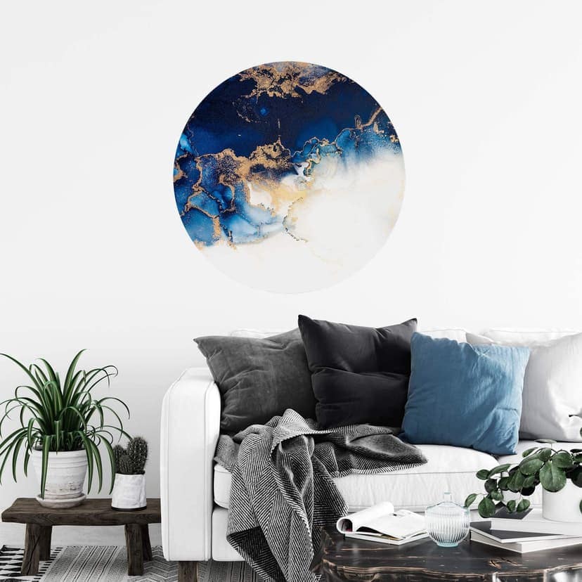 Abstrakt Wallsticker i marmor med blå och guldeffekt - Rund