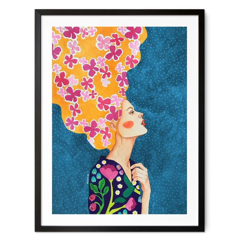 Poster kvinna med rosa blommor i håret - Hülya