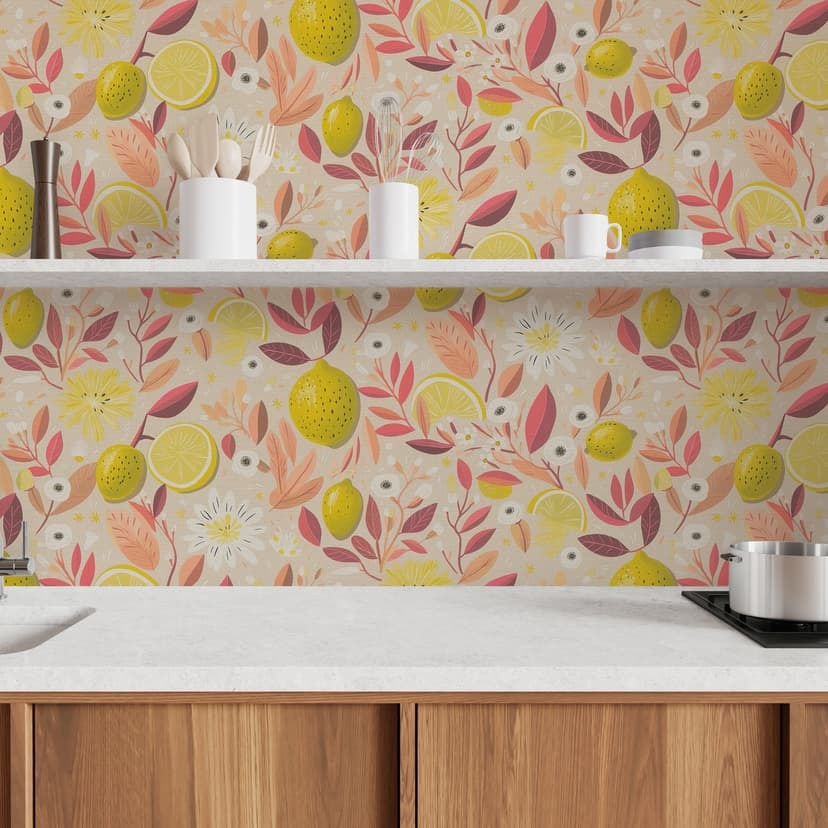 Citron tapet rosa gul orange - Icke-vävd tapet färgglad modern - frukt och löv