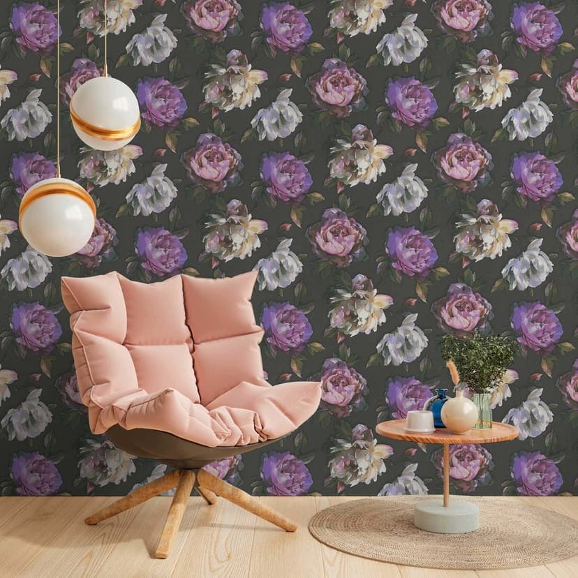 Blommig tapet med pioner svart lila - elegant blommig tapet - Icke-vävd tapet