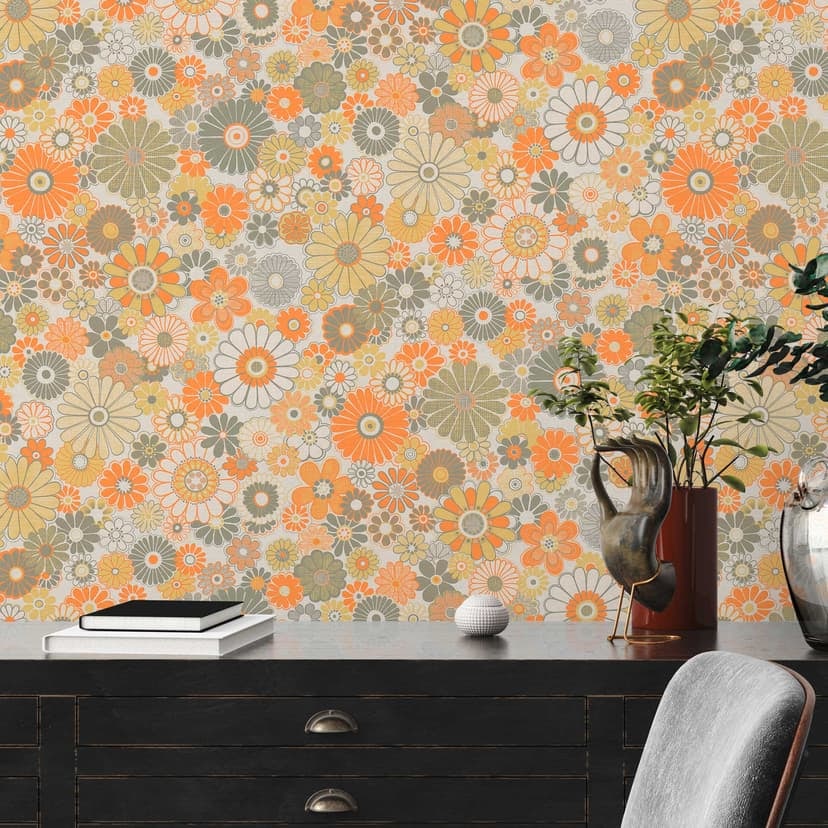 Vintage blommig tapet orange grön - blommig non-woven tapet i retrostil - tapet