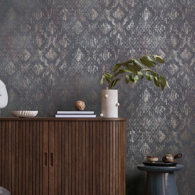 Dekorativ tapet blå silver - Icke-vävd tapet med glans och vintage ornament