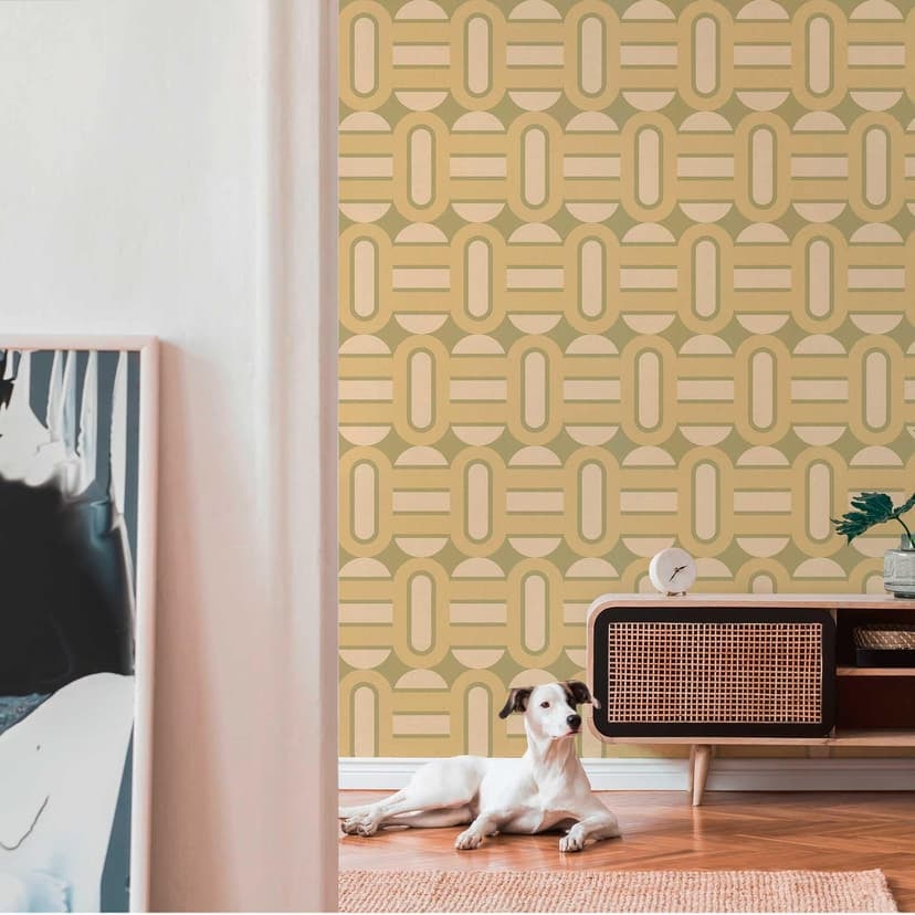 Grafisk tapet grön kräm - vintage non-woven tapet i retrolook - mönstrad tapet