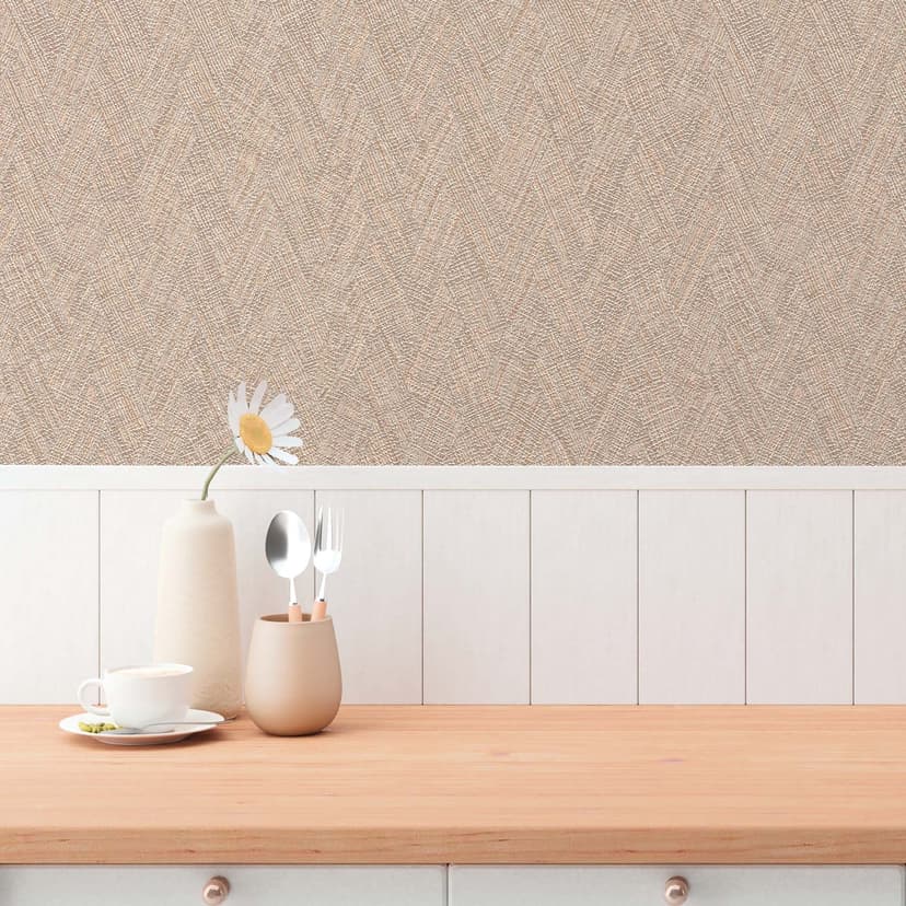 Strukturerad tapet fiskbensbrun orange - Icke-vävd tapet modern textil mönstrad